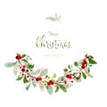 Merry Christmas with berry and pine twig wreath watercolor Royalty Free Stock Photo
