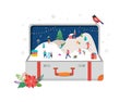 Merry Christmas, Big open suitcase with winter scene and small people, young men and women, families having fun in snow