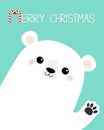 Merry Christmas. Big white polar bear waving hand paw print. Cute cartoon funny kawaii baby character. Happy New Year. Greeting Royalty Free Stock Photo