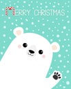 Merry Christmas. Big white polar bear waving hand paw print. Cute cartoon funny kawaii baby character. Happy New Year. Greeting