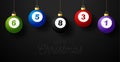 Merry Christmas billiard greeting card. Hang on a thread billiard ball as a Christmas ball on black horizontal background. Sport Royalty Free Stock Photo