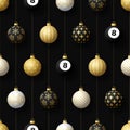 Merry Christmas billiard seamless pattern. Hang on a thread realistic billiard pool ball as a Christmas ball on black horizontal Royalty Free Stock Photo