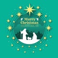 Merry christmas - Birth of Christ , Birthday Jesus in circle frame and gold star around on green background vector illustration