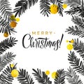 Merry Christmas Black and Gold Card. Golden Shiny Glitter Watercolor Tree Branches. Calligraphy Greeting Poster Royalty Free Stock Photo