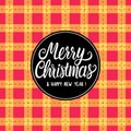 Merry Christmas Black hand drawn lettering text inscription. Vector illustration Checkered red yellow orange background