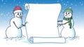 Merry Christmas blank scroll card parchment held by two snowmen Royalty Free Stock Photo