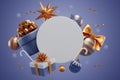 Merry Christmas. Blank white circle with gift box and balloon decorations on a blue nova background. 3D rendering Royalty Free Stock Photo