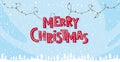 Merry Christmas Blue Christmas banner with white winter forest, snowfall and holiday garland. Flat cartoon vector