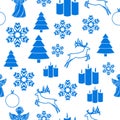 Merry Christmas Blue elements on white background. Seamless graphic pattern made with elements of zentangl and doodle