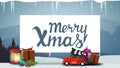 Merry Christmas, Blue Postcard With Old Lantern, Red Vintage Car Carrying Christmas Tree , White Paper Shhet, Icicles.
