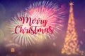 Merry Christmas! Blurred background of decorated Christmas tree with golden lights, illumination. Fireworks. Celebration. Bokeh. Royalty Free Stock Photo