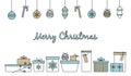 Merry Christmas border with hand drawn various decorated gift boxes in white blue and beige and hanging baubles isolated Royalty Free Stock Photo