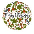 Merry Christmas, bullfinches and mistletoe leaves in circle