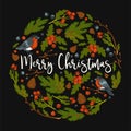 Merry Christmas, bullfinches and mistletoe leaves in circle shape vector.