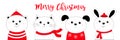 Merry Christmas. Bunny rabbit, cat kitten, dog puppy, bear face head black line doodle icon set. Red scarf and hat. Hello winter. Royalty Free Stock Photo