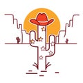 Merry Christmas cactus illustration with garland and cowboy western hat