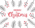 Merry Christmas Calligraphic hand drawn lettering decorated with fir or spruce twig and branches with red berries. Vector greeting Royalty Free Stock Photo