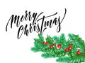 Merry Christmas calligraphy font on white premium background for winter Xmas holiday design template. Vector Christmas tree holly