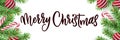Merry Christmas calligraphy lettering banner white background. Vector 3d realistic illustration of green pine branches