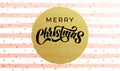 Merry Christmas calligraphy lettering with golf foil circle and golden snowflakes on stripe pattern background. Xmas holiday