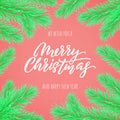 Merry Christmas calligraphy lettering greeting card. Vector New Year wish quote for winter holiday celebration in Xmas tree frame Royalty Free Stock Photo