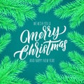 Merry Christmas calligraphy lettering greeting card. Vector New Year wish quote for winter holiday celebration Xmas tree frame Royalty Free Stock Photo