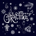 Merry Christmas calligraphy lettering isolated on dark blue web background with holiday elements - Vector Royalty Free Stock Photo