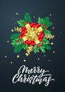 Merry Christmas calligraphy lettering, Xmas gifts, gold stars sparkling confetti. Christmas holiday glittery decorations on vector