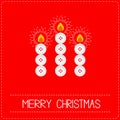 Merry Christmas candles button applique on red background Dash line Flat design