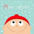 Merry christmas Candy cane. Baby boy wearing red hat scarf. Kid face looking up to snow. Cute cartoon character. Funny head with e