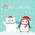 Merry Christmas. Candy cane. Kawaii Penguin bird Polar white bear cub.