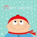 Merry christmas Candy cane. Kid face looking up to snow. Baby boy wearing red hat scarf. Cute cartoon character. Funny head