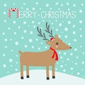 Merry christmas. Candy cane. Reindeeer head. Cute cartoon deer with horns, red Santa Claus hat, scarf. Snowdrift. Blue winter snow