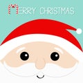 Merry Christmas. Candy cane. Santa Claus head face. Beard, moustaches, white eyebrows, red hat. Cute cartoon kawaii funny father c