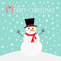 Merry Christmas. Candy cane. Snowman, carrot nose, hat, red scarf and snowflakes. Cute cartoon funny kawaii character. Blue winter