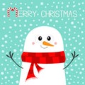 Merry Christmas. Candy cane. Snowman wearing red scarf. Face carrot nose. Happy New Year. Cute cartoon kawaii baby character. Flat Royalty Free Stock Photo