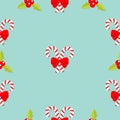 Merry Christmas Candy Cane stick with red bow. Holly berry icon. Mistletoe. Green leaf Three red berries. Seamless Pattern. Flat d Royalty Free Stock Photo