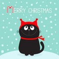 Merry Christmas candy cane text. Black Cat kitten head face looking up. Kitty sitting on snowdrift. Red hat, scarf. Cute funny car