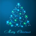 Merry christmas card with abstract christmas tree made from light lines and dots low poly art on blue background Royalty Free Stock Photo