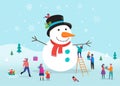 Merry Christmas card, background, bannner with a huge snowman and small people, young men and women, families having fun