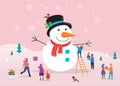 Merry Christmas card, background, bannner with huge snowman and small people, young men and women, families having fun