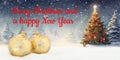 Merry Christmas card with balls baubles tree background decoration panorama winter snow snowflakes Royalty Free Stock Photo