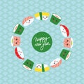 Merry Christmas card banner design for text. Kawaii funny sushi collection with pink cheeks and big eyes, emoji. Blue azure teal Royalty Free Stock Photo