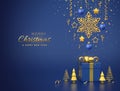 Merry christmas card, banner with hanging shining gold snowflake, balls, stars, confetti on blue background. Gift box and golden Royalty Free Stock Photo