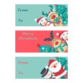 Christmas invitation with Santa, tree. snowman, deer and penguin.,