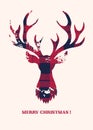 A Merry Christmas Card with a Buffalo Checks Textured Silhouette of a Deer Head on White Background