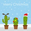 Merry Christmas card. Cactus in a Christmas hat. Cute greeting card.