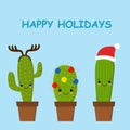 Merry Christmas card. Cactus in a Christmas hat. Cute greeting card