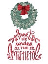 Merry Christmas card with calligraphy Meet me under the Mistletoe with holiday wreath Royalty Free Stock Photo