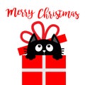 Merry Christmas card. Cat inside giftbox with bow. Cute cartoon kawaii funny animal. Kitten looking up. Kitty holding gift present Royalty Free Stock Photo